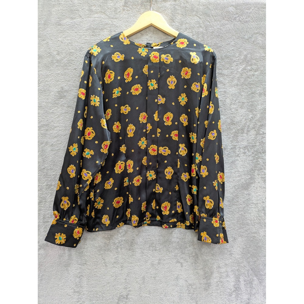 Vintage Baroque Jewel Print Satin Blouse Womens 14 JH Collectibles Long Sleeve